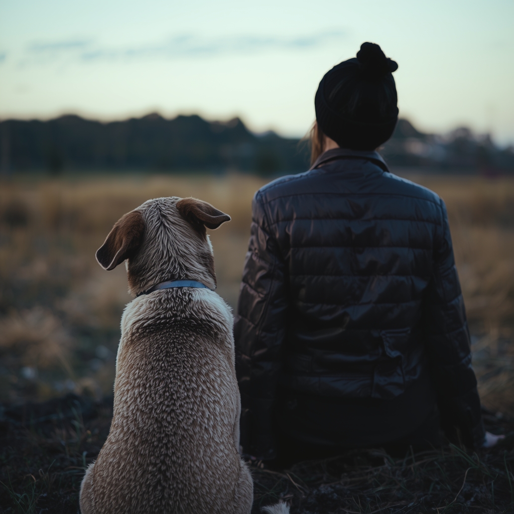 Dog and owner watching the sunset.