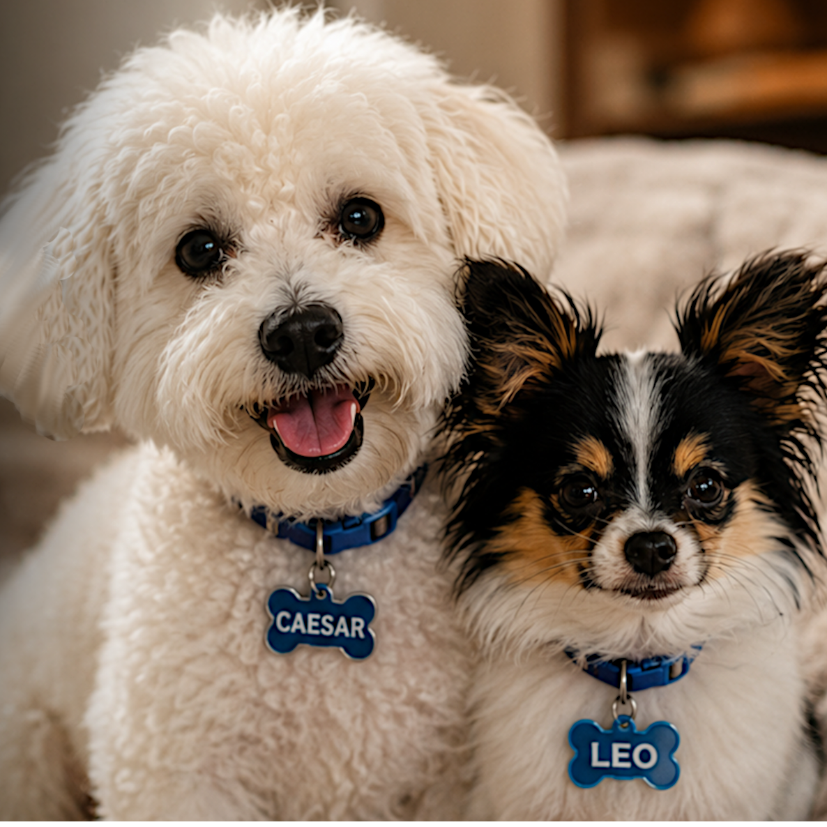 Leo and Caesar relaxing together in their temporary foster home