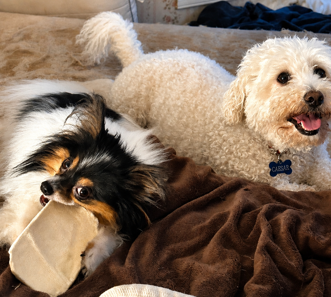 Leo and Caesar relaxing together in their temporary foster home